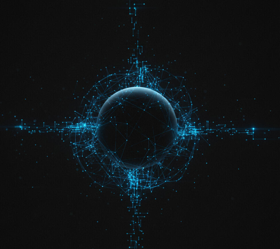 Panvicta central AI reputation intelligence hub with cyan blue light core.