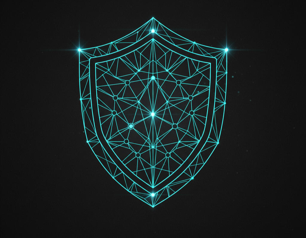 Abstract digital hexagonal shield representing executive privacy and data protection.